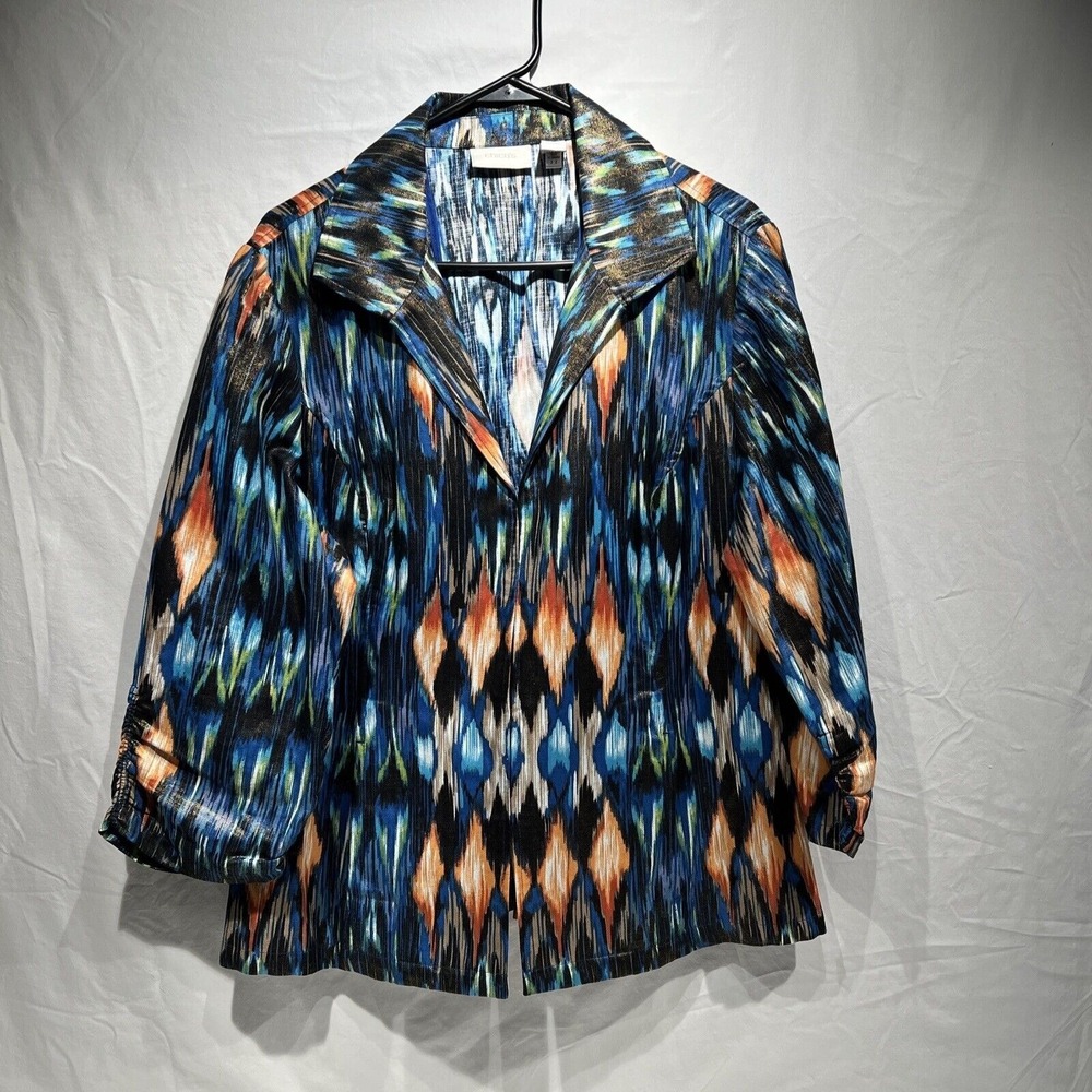 Chicos Travelers cotton linen Blazer Cardigan Blue Front 3/4 Sleeve XL Size 3